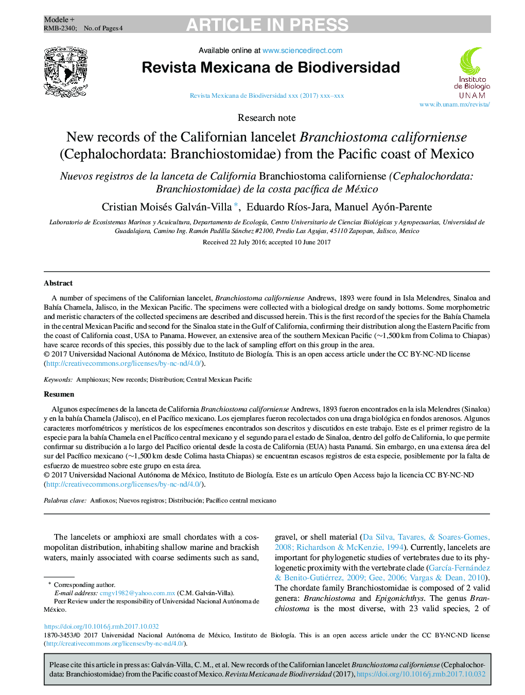 New records of the Californian lancelet Branchiostoma californiense (Cephalochordata: Branchiostomidae) from the Pacific coast of Mexico