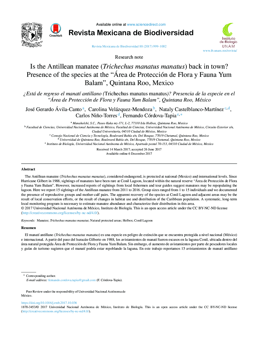 Is the Antillean manatee (Trichechus manatus manatus) back in town? Presence of the species at the “Área de Protección de Flora y Fauna Yum Balam”, Quintana Roo, Mexico