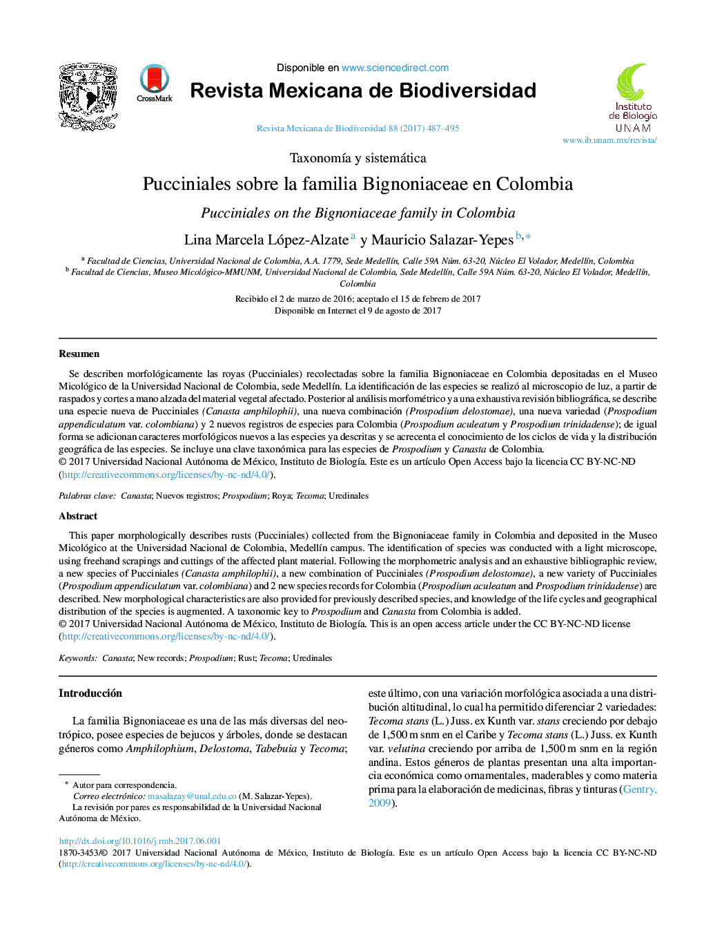 Pucciniales sobre la familia Bignoniaceae en Colombia