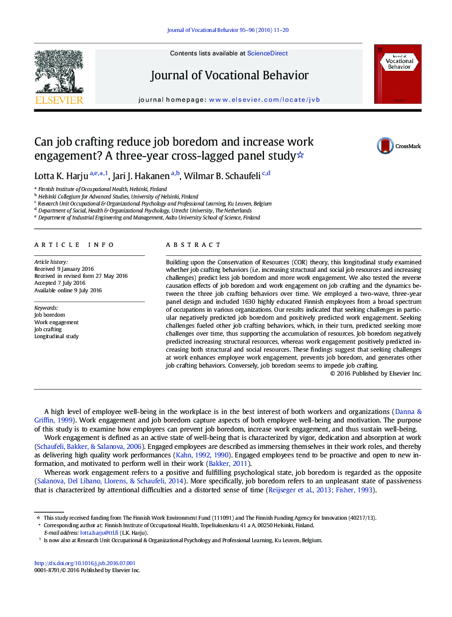 Can job crafting reduce job boredom and increase work engagement? A three-year cross-lagged panel study 