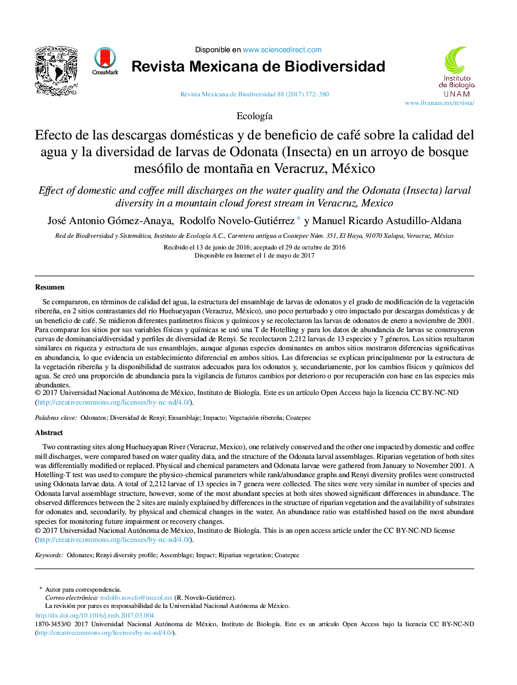 Efecto de las descargas domésticas y de beneficio de café sobre la calidad del agua y la diversidad de larvas de Odonata (Insecta) en un arroyo de bosque mesófilo de montaña en Veracruz, México