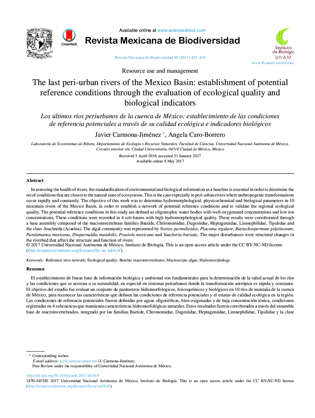 The last peri-urban rivers of the Mexico Basin: establishment of potential reference conditions through the evaluation of ecological quality and biological indicators