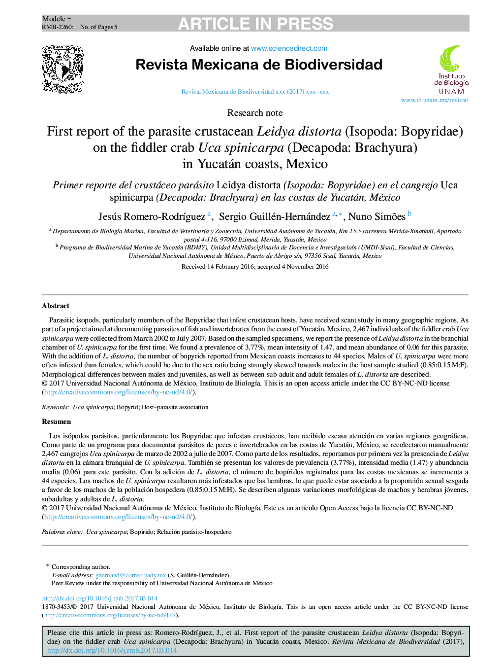 First report of the parasite crustacean Leidya distorta (Isopoda: Bopyridae) on the fiddler crab Uca spinicarpa (Decapoda: Brachyura) in Yucatán coasts, Mexico