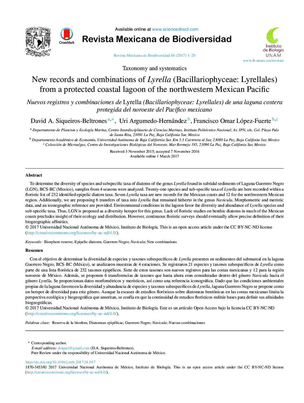 New records and combinations of Lyrella (Bacillariophyceae: Lyrellales) from a protected coastal lagoon of the northwestern Mexican Pacific