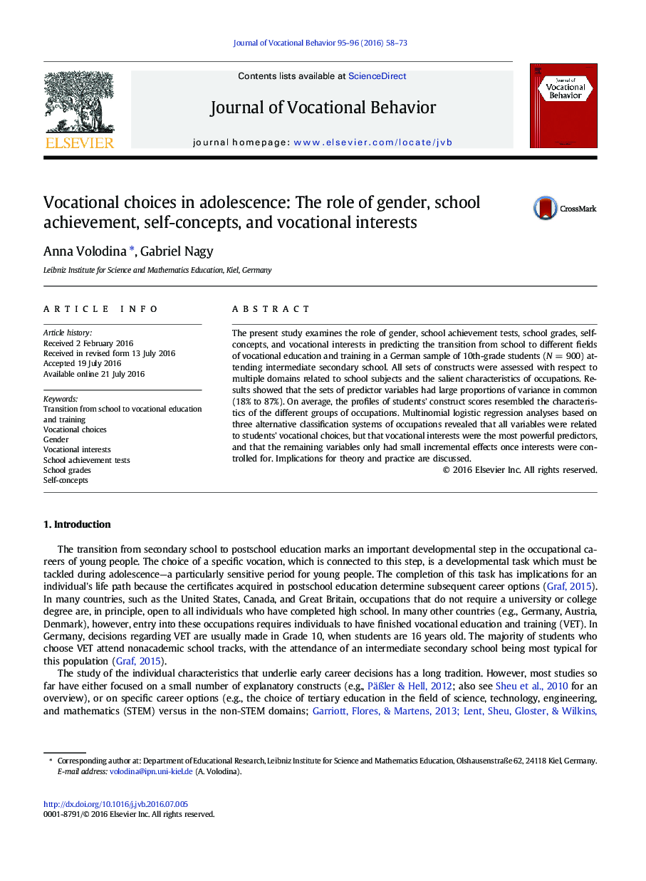 Vocational choices in adolescence: The role of gender, school achievement, self-concepts, and vocational interests