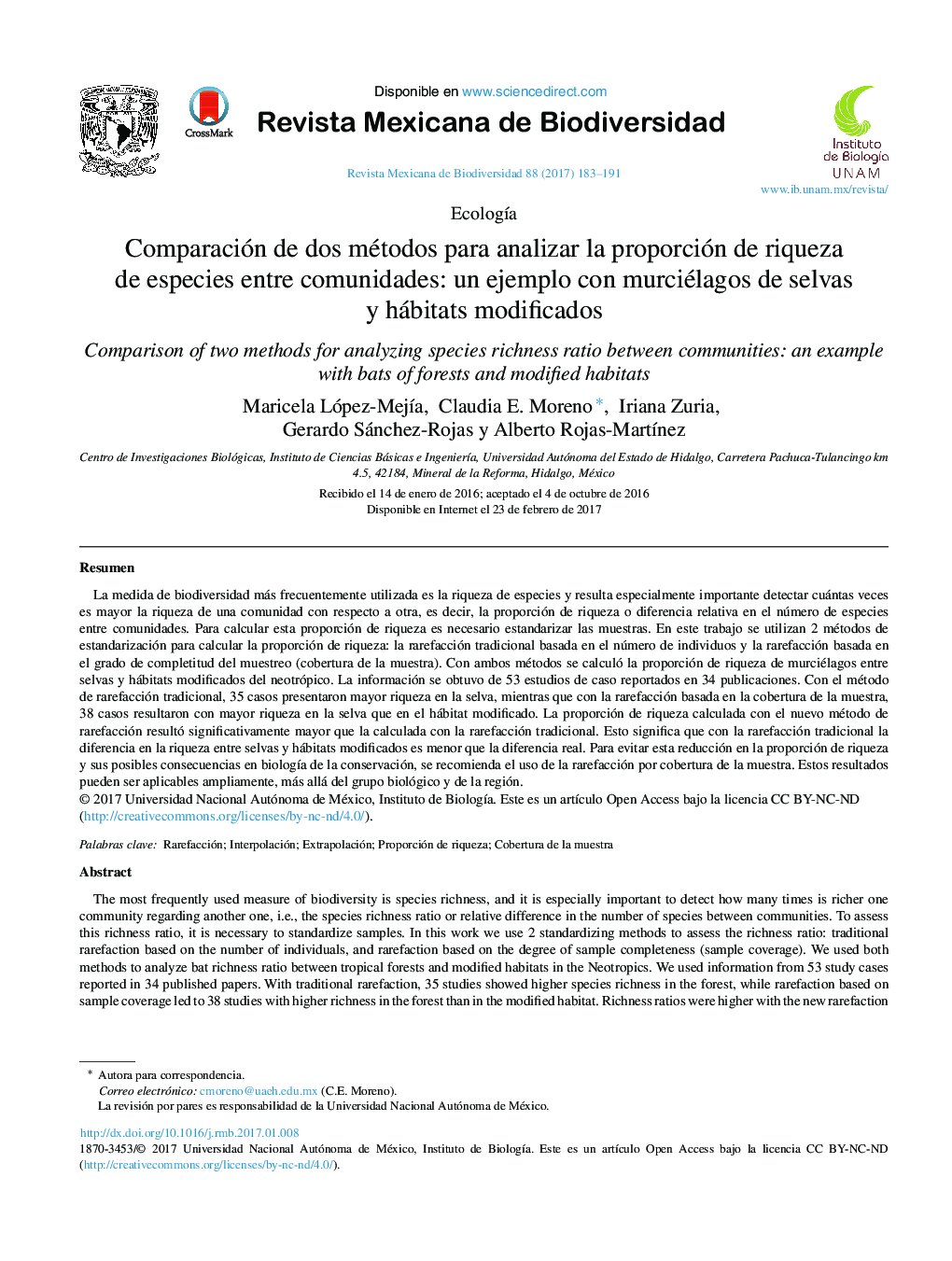 Comparación de dos métodos para analizar la proporción de riqueza de especies entre comunidades: un ejemplo con murciélagos de selvas y hábitats modificados