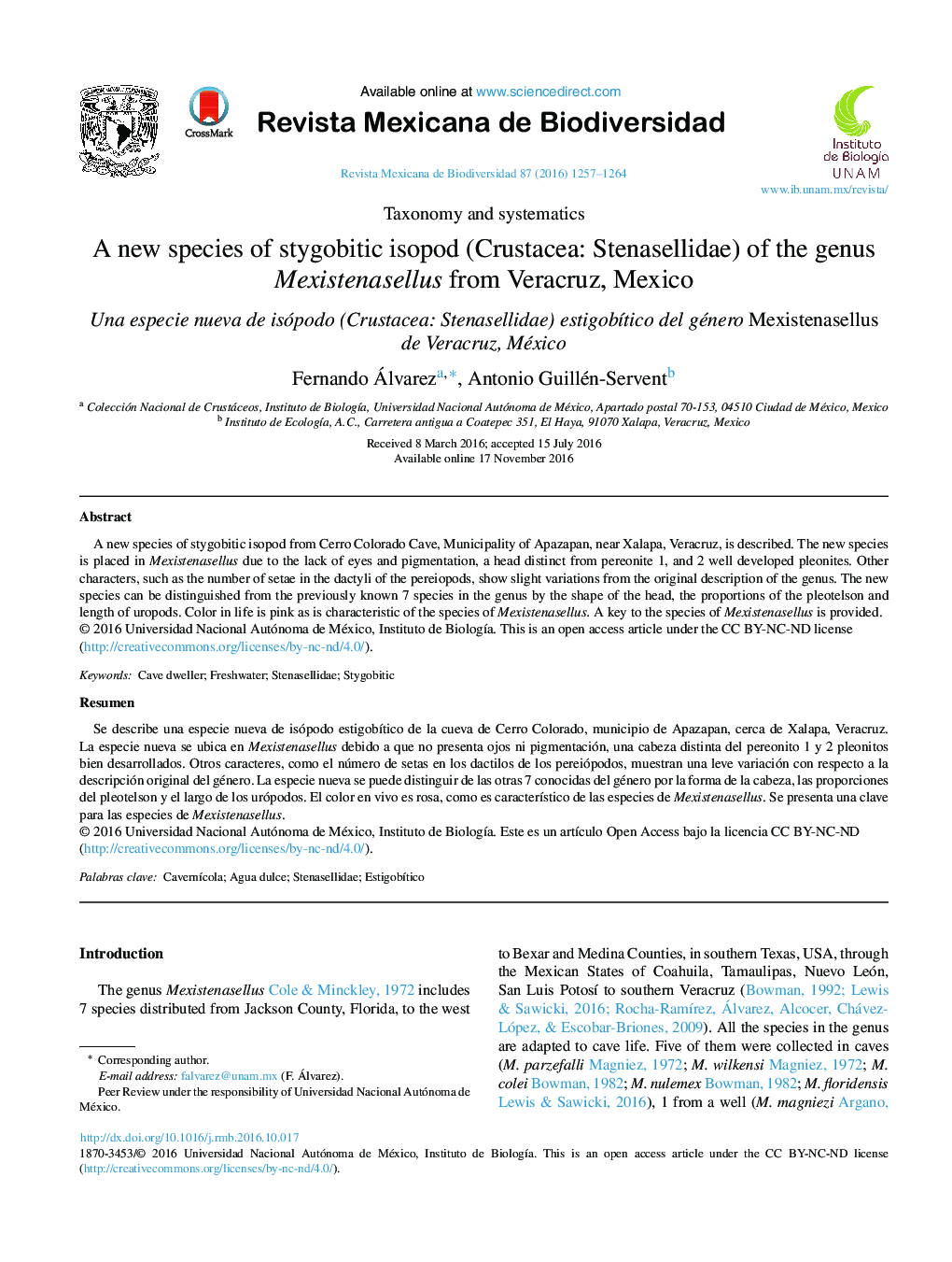 A new species of stygobitic isopod (Crustacea: Stenasellidae) of the genus Mexistenasellus from Veracruz, Mexico