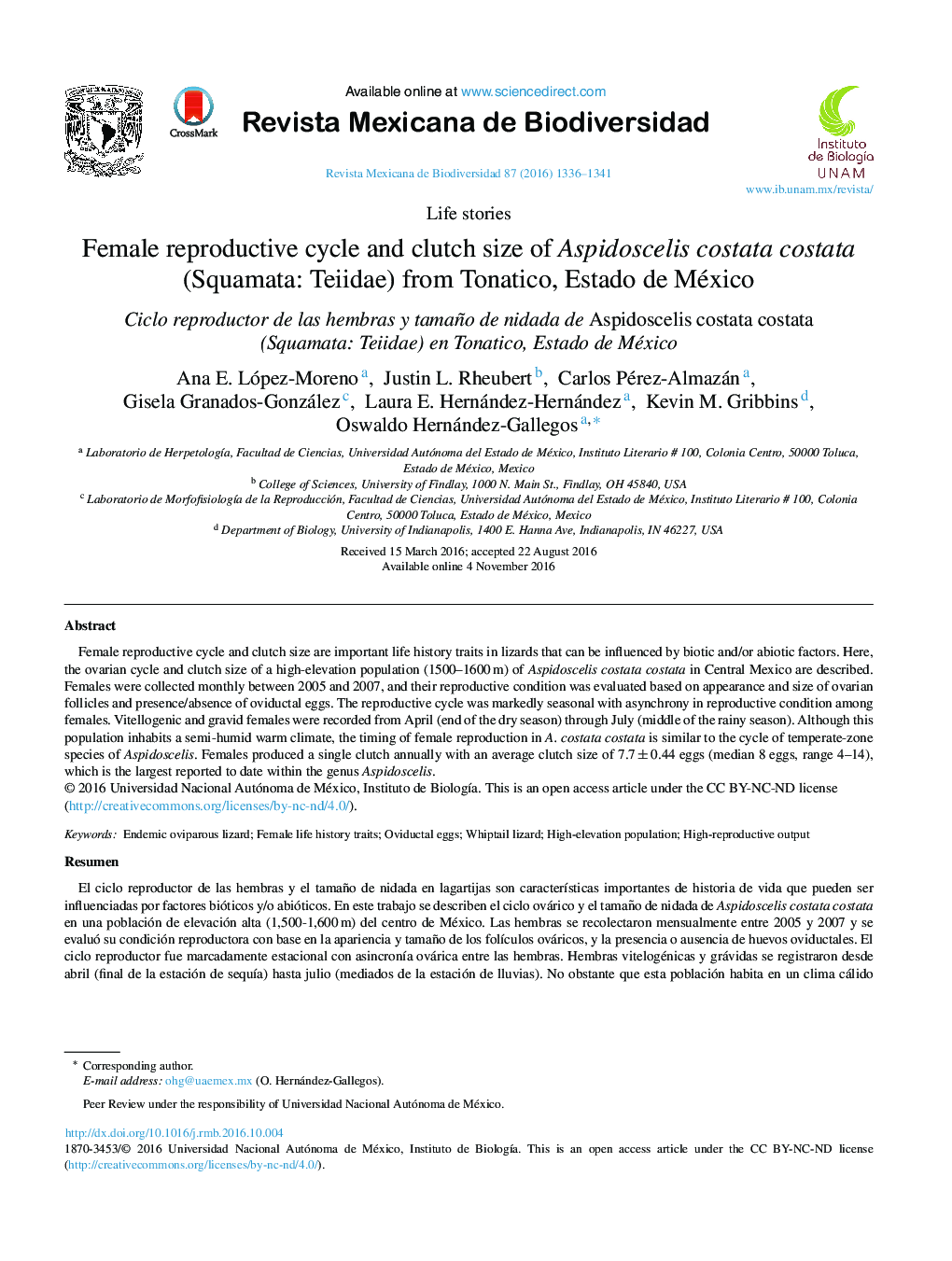 Female reproductive cycle and clutch size of Aspidoscelis costata costata (Squamata: Teiidae) from Tonatico, Estado de México