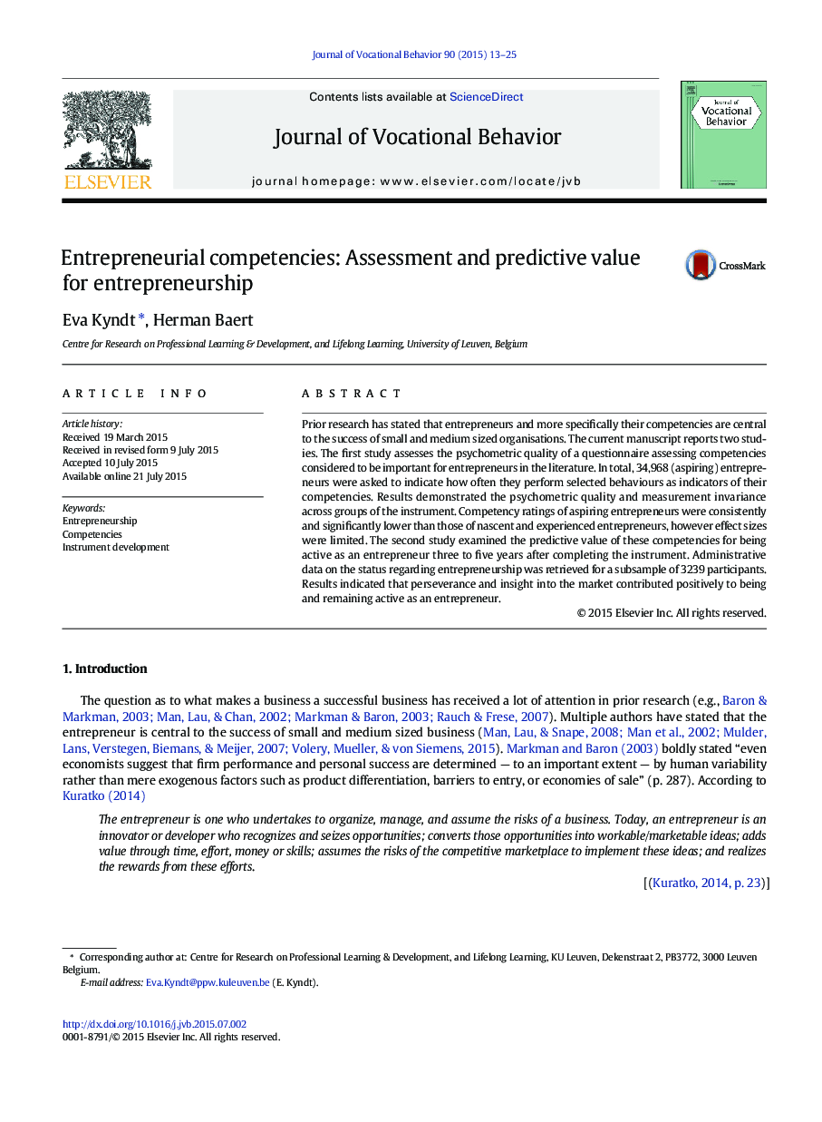 Entrepreneurial competencies: Assessment and predictive value for entrepreneurship