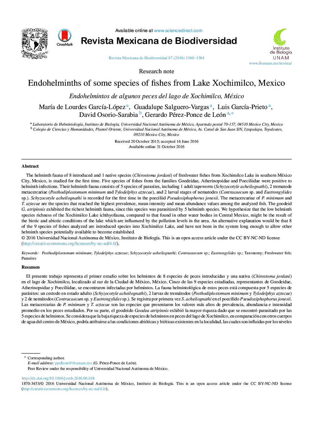 Endohelminths of some species of fishes from Lake Xochimilco, Mexico