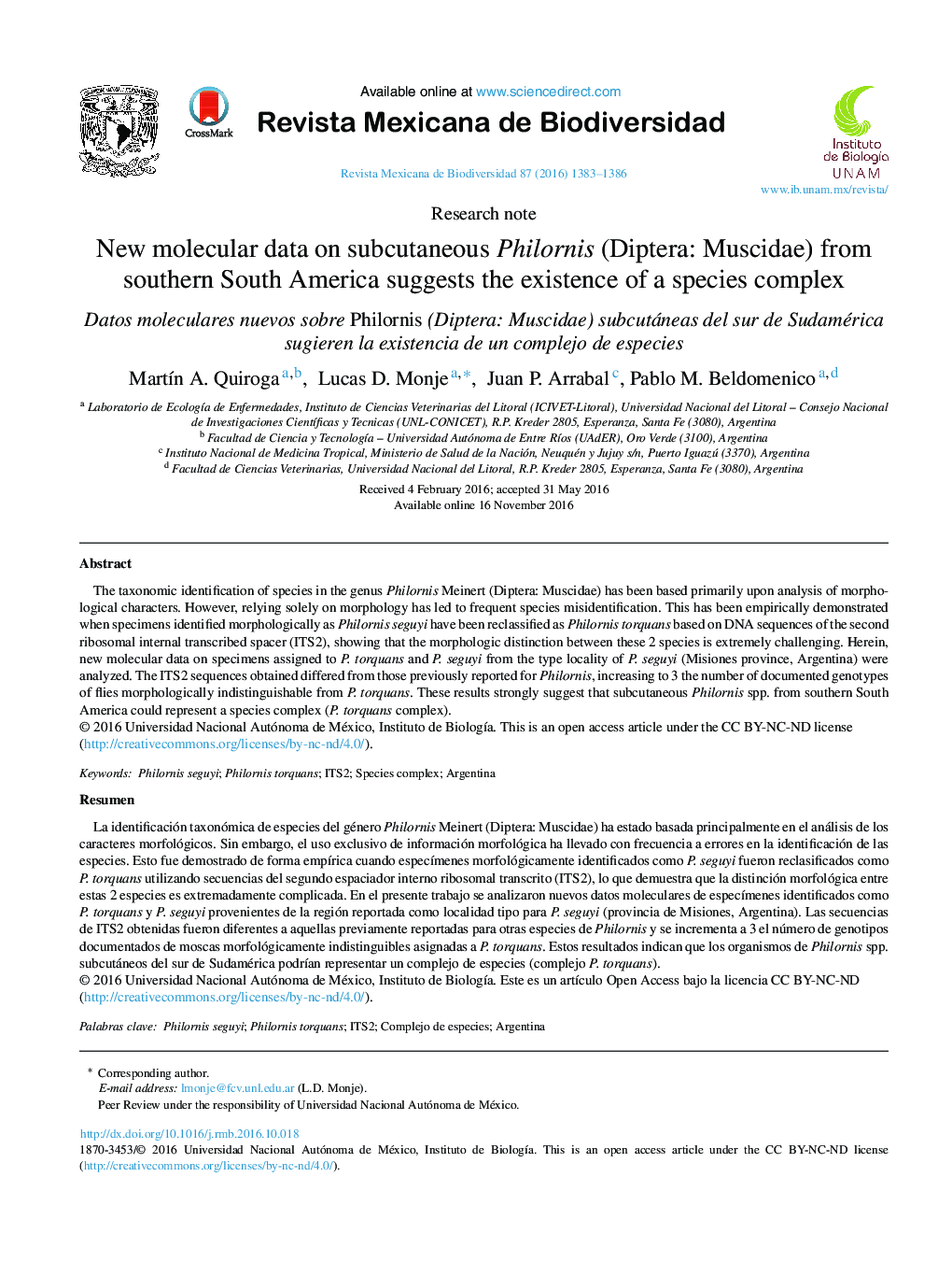 New molecular data on subcutaneous Philornis (Diptera: Muscidae) from southern South America suggests the existence of a species complex