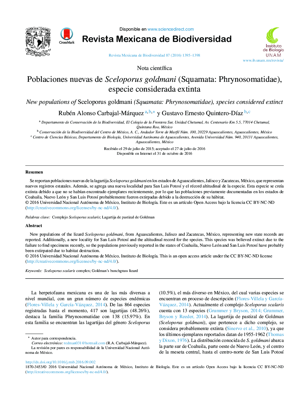 Poblaciones nuevas de Sceloporus goldmani (Squamata: Phrynosomatidae), especie considerada extinta