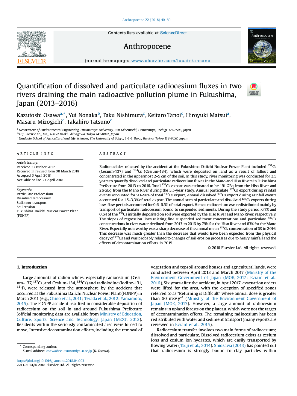 کوانتیزه کردن جیوه های حل شده و ذرات ریخته گری در دو رودخانه تخلیه اصلی آلودگی رادیواکتیو در فوکوشیما، ژاپن (2013-2016) 