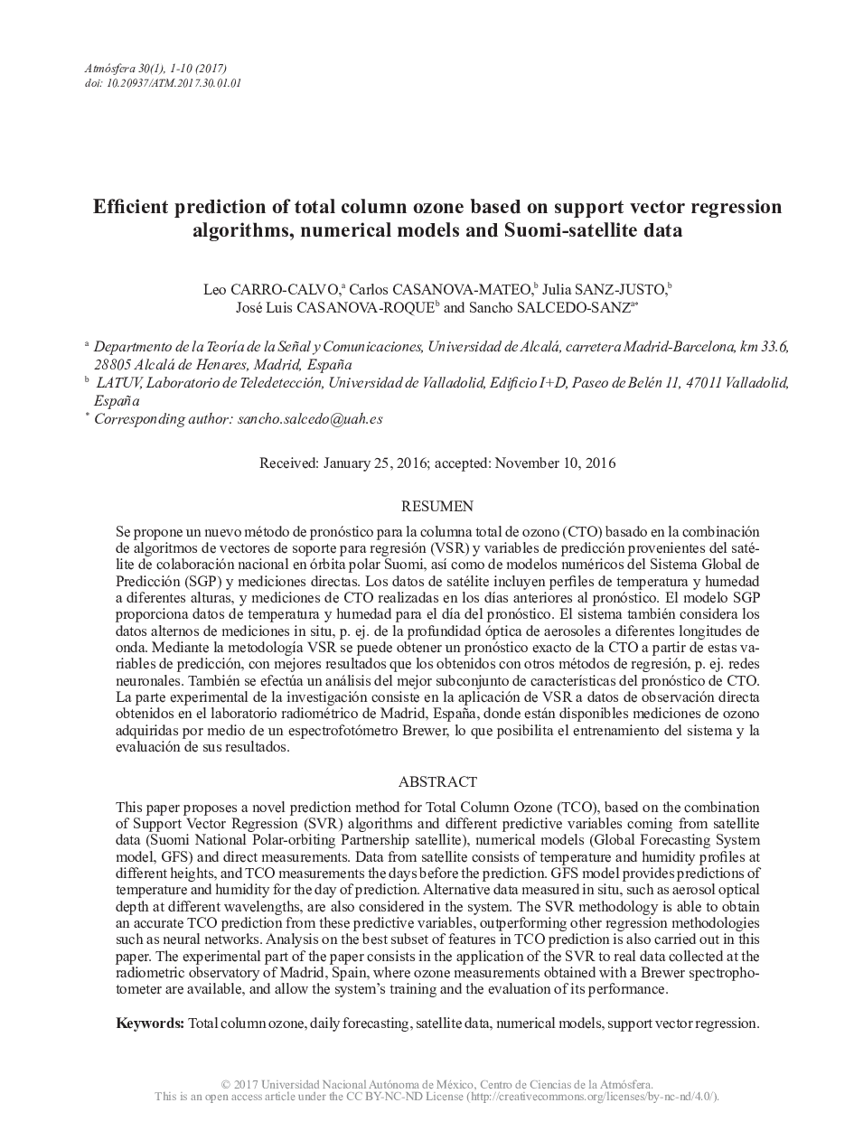 Efficient prediction of total column ozone based on support vector regression algorithms, numerical models and Suomi-satellite data