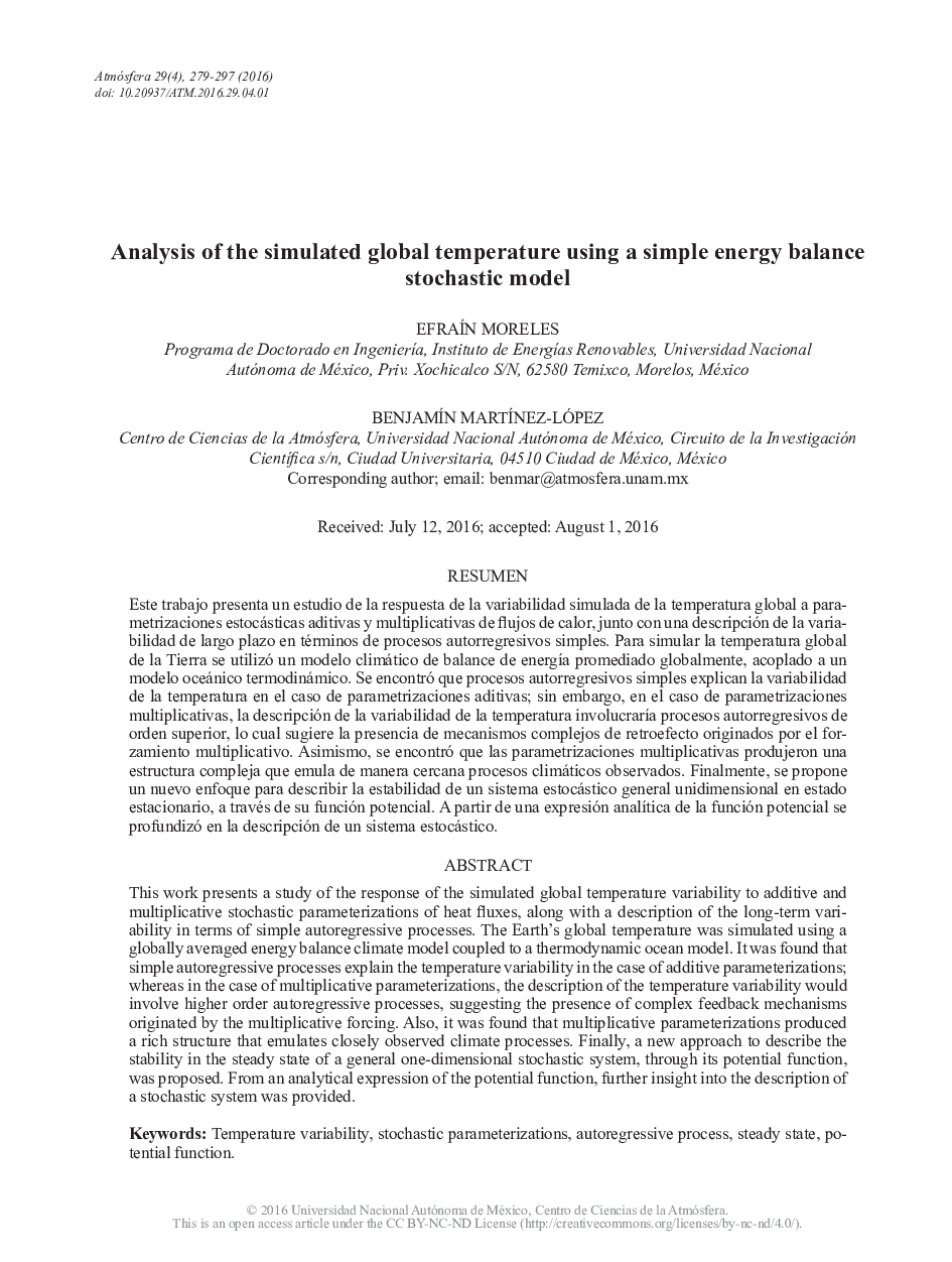 Analysis of the simulated global temperature using a simple energy balance stochastic model