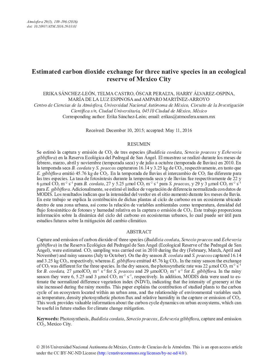 تخمینی مبادله دی اکسید کربن برای سه گونه بومی در یک ذخایر اکولوژیکی مکزیکو سیتی 