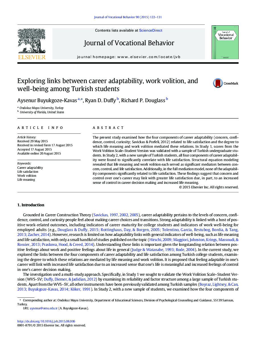 Exploring links between career adaptability, work volition, and well-being among Turkish students