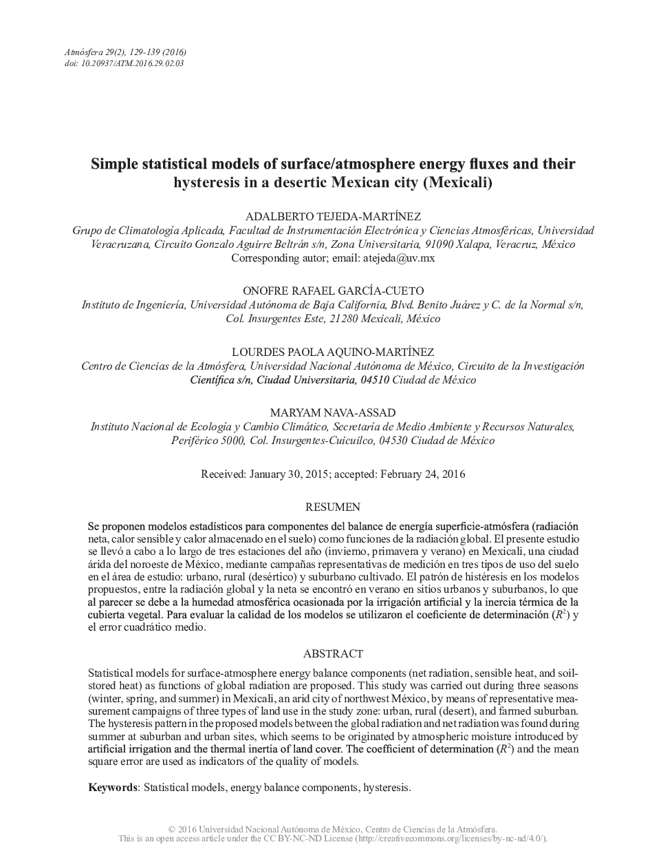 Simple statistical models of surface/atmosphere energy fluxes and their hysteresis in a desertic Mexican city (Mexicali)