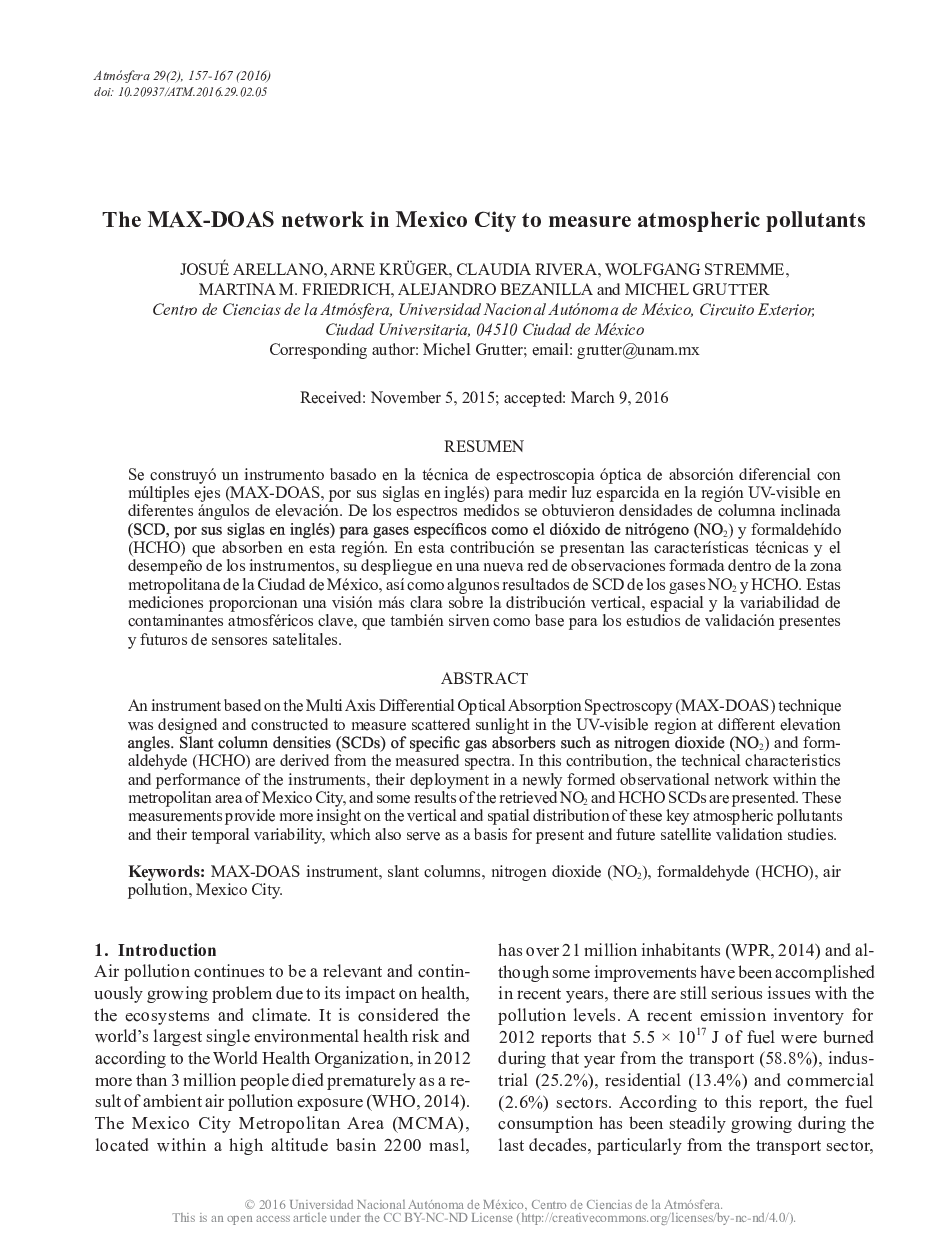 The MAX-DOAS network in Mexico City to measure atmospheric pollutants