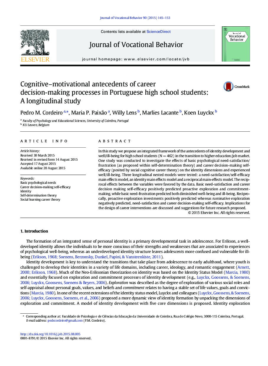 Cognitive–motivational antecedents of career decision-making processes in Portuguese high school students: A longitudinal study