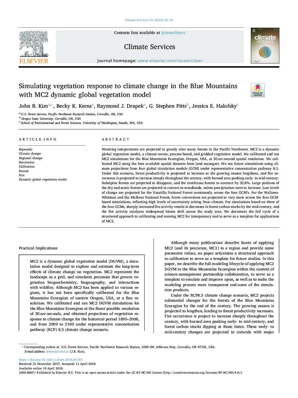 Simulating vegetation response to climate change in the Blue Mountains with MC2 dynamic global vegetation model