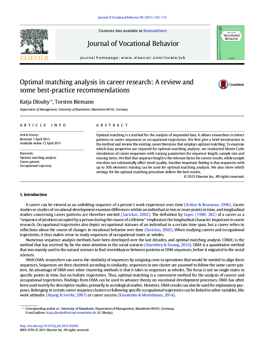 Optimal matching analysis in career research: A review and some best-practice recommendations