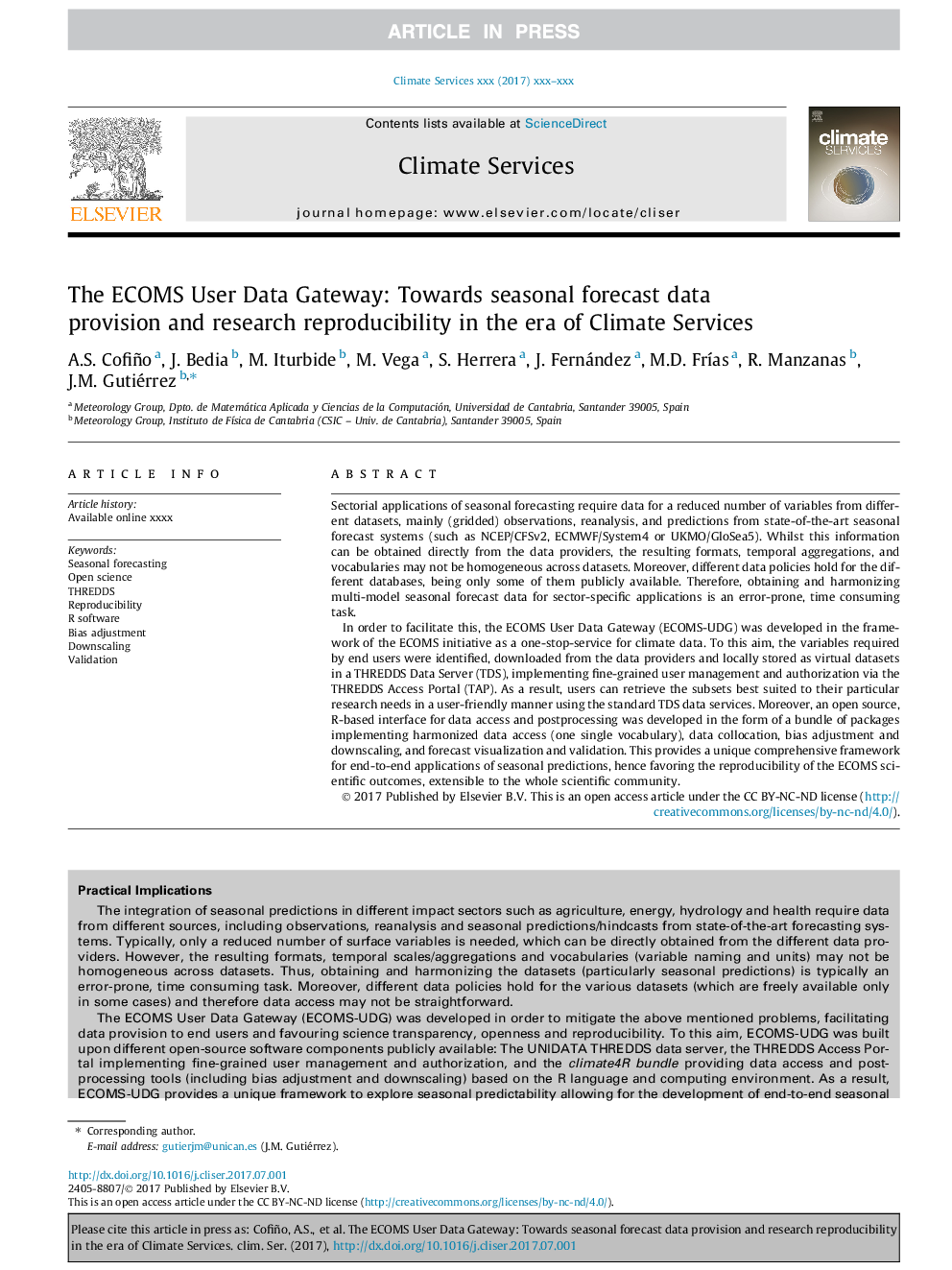 The ECOMS User Data Gateway: Towards seasonal forecast data provision and research reproducibility in the era of Climate Services