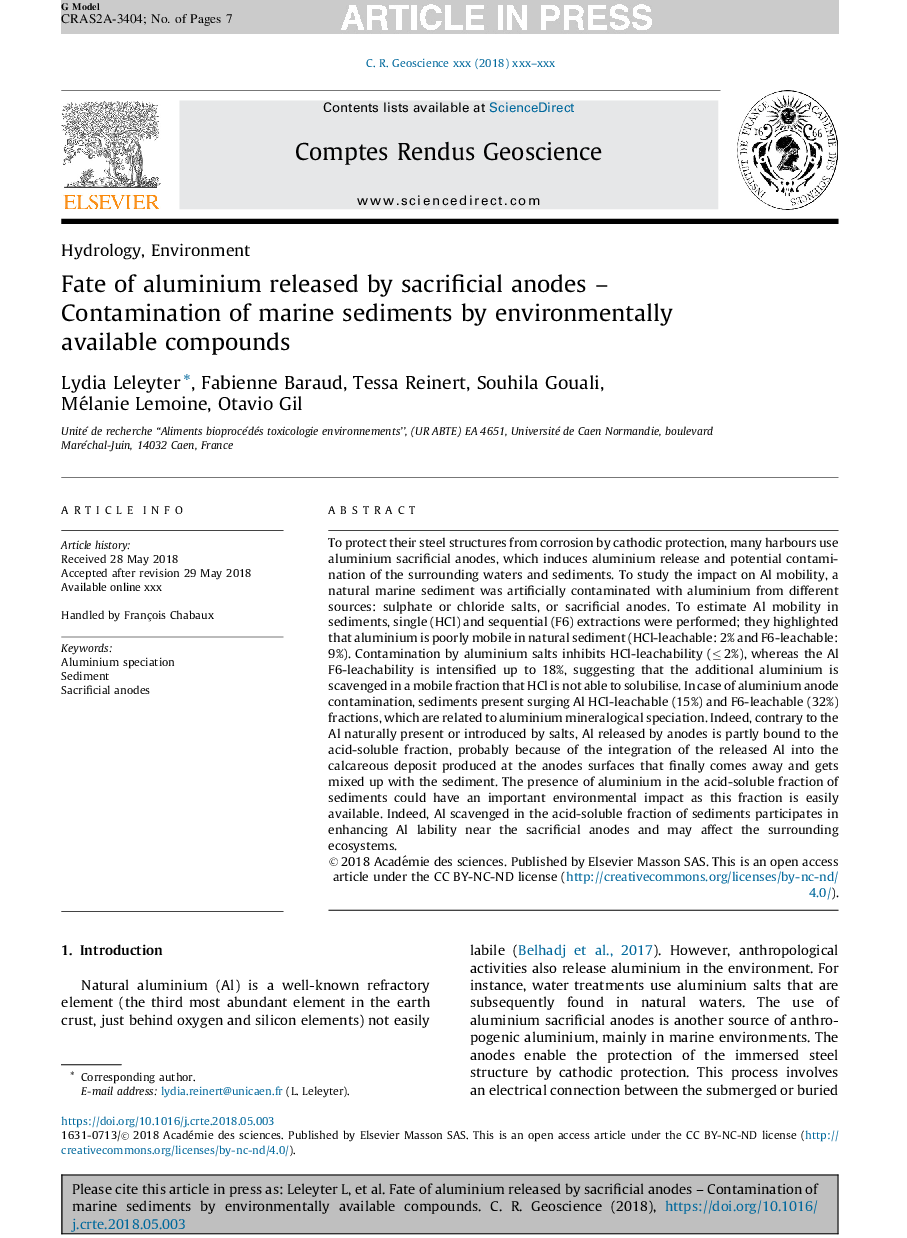 Fate of aluminium released by sacrificial anodesÂ -Â Contamination of marine sediments by environmentally available compounds