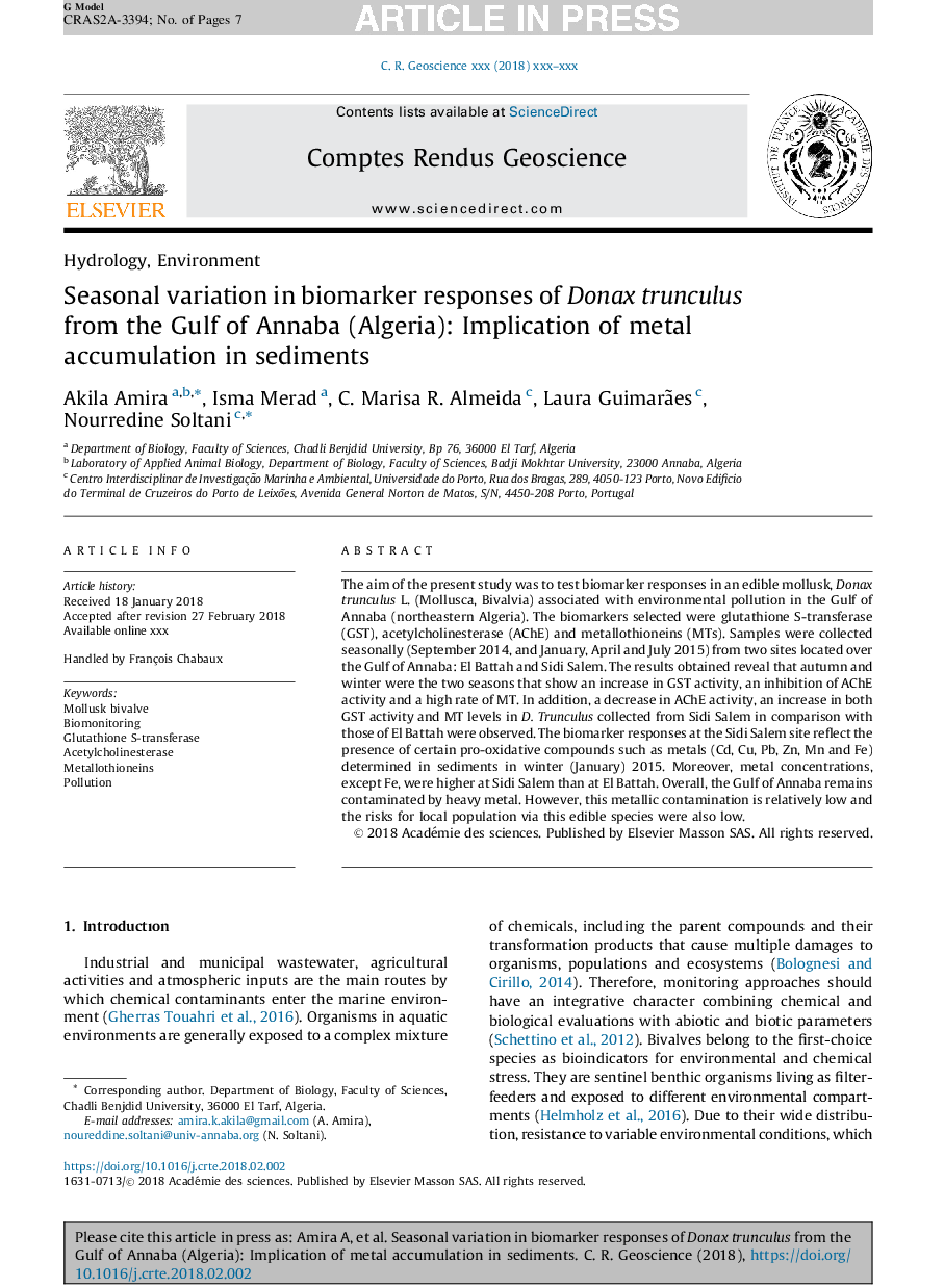 عکس صفحه اول مقاله: Seasonal variation in biomarker responses of Donax trunculus from the Gulf of Annaba (Algeria): Implication of metal accumulation in sediments Seasonal variation in biomarker responses of Donax trunculus from the Gulf of Annaba (Algeria): Implication of metal accumulation in sediments