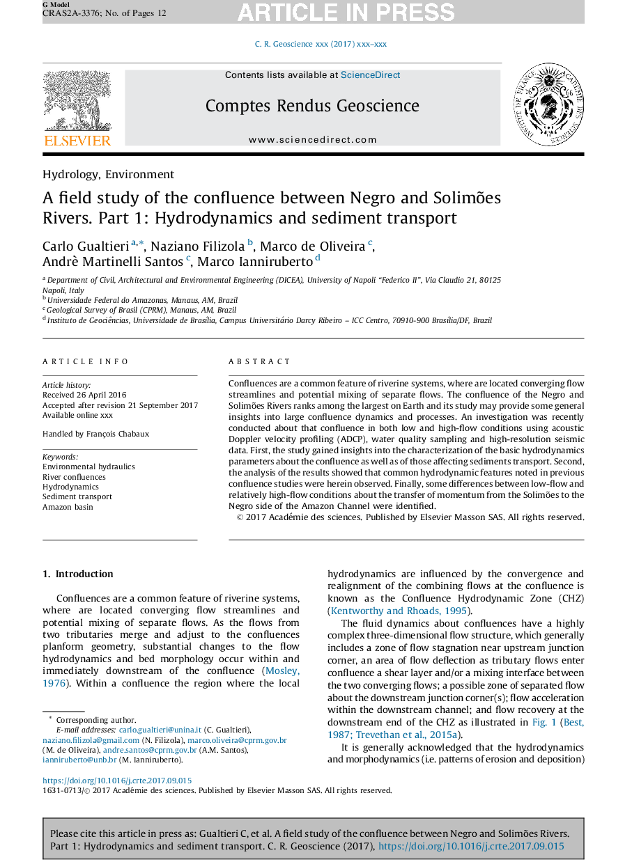 A field study of the confluence between Negro and SolimÃµes Rivers. Part 1: Hydrodynamics and sediment transport