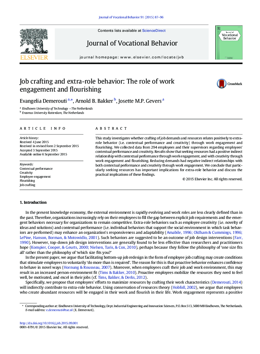 Job crafting and extra-role behavior: The role of work engagement and flourishing