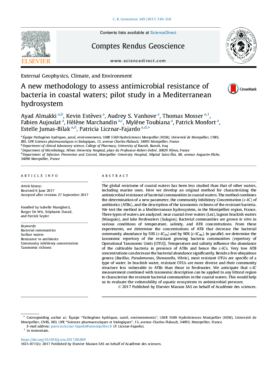 A new methodology to assess antimicrobial resistance of bacteria in coastal waters; pilot study in a Mediterranean hydrosystem