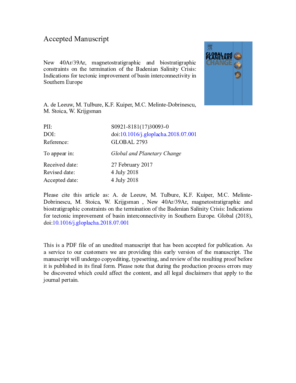 New 40Ar/39Ar, magnetostratigraphic and biostratigraphic constraints on the termination of the Badenian Salinity Crisis: Indications for tectonic improvement of basin interconnectivity in Southern Europe