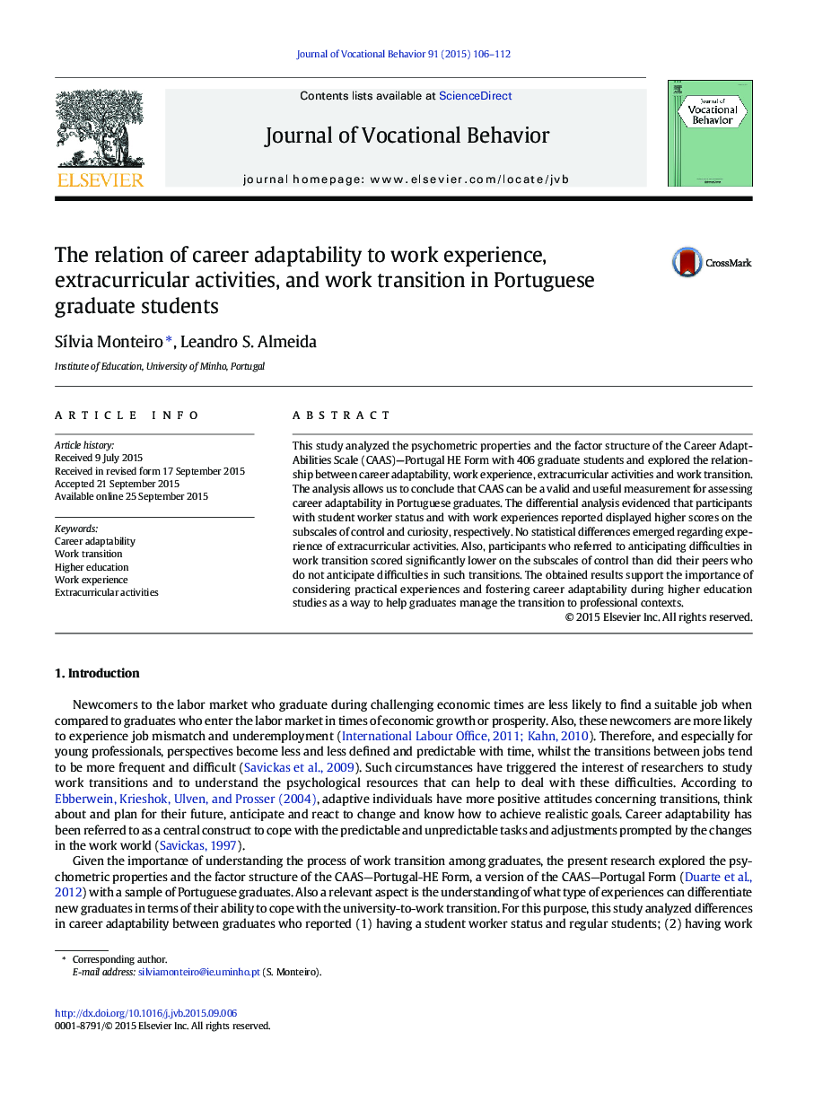 The relation of career adaptability to work experience, extracurricular activities, and work transition in Portuguese graduate students