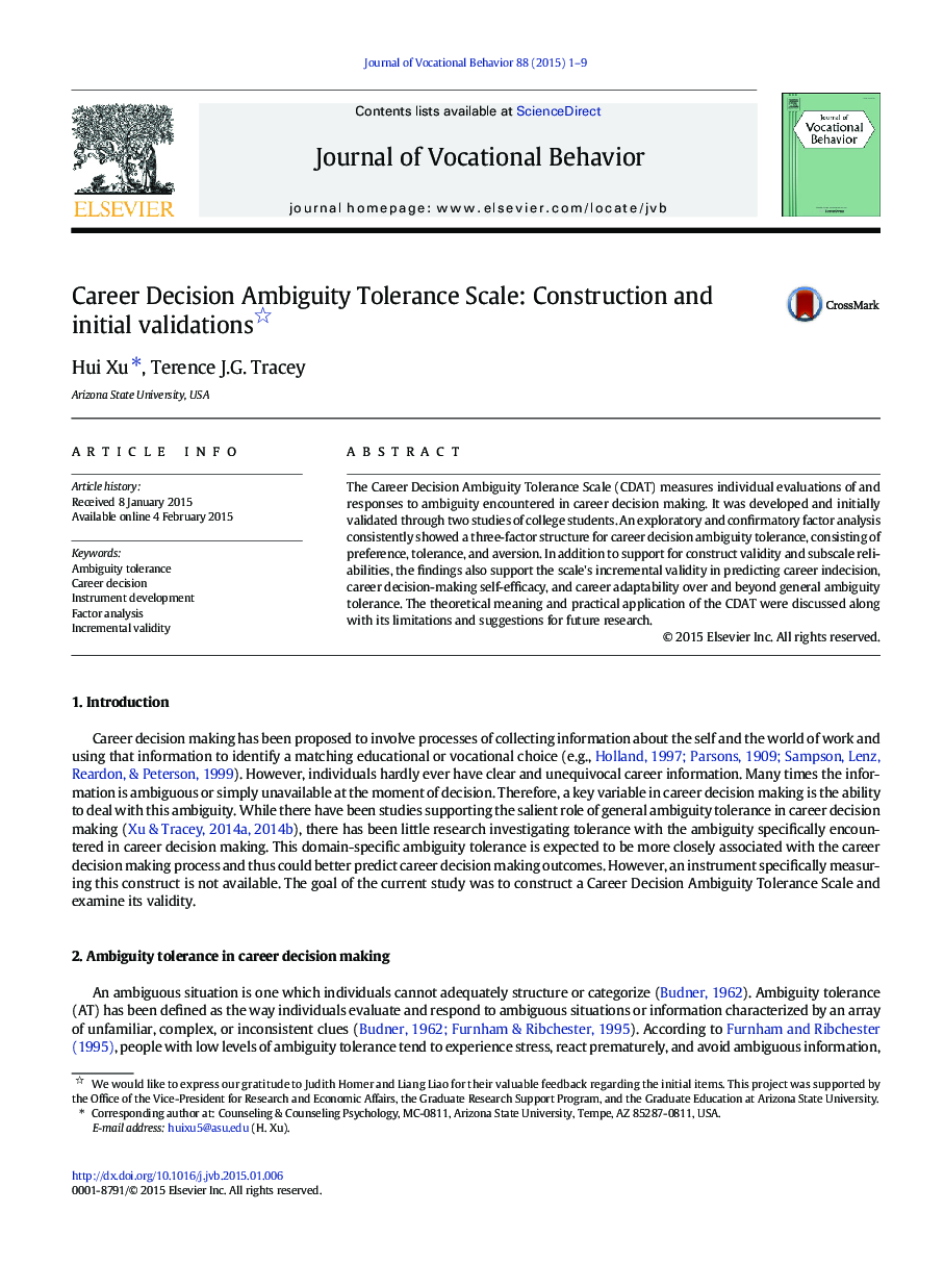 Career Decision Ambiguity Tolerance Scale: Construction and initial validations 