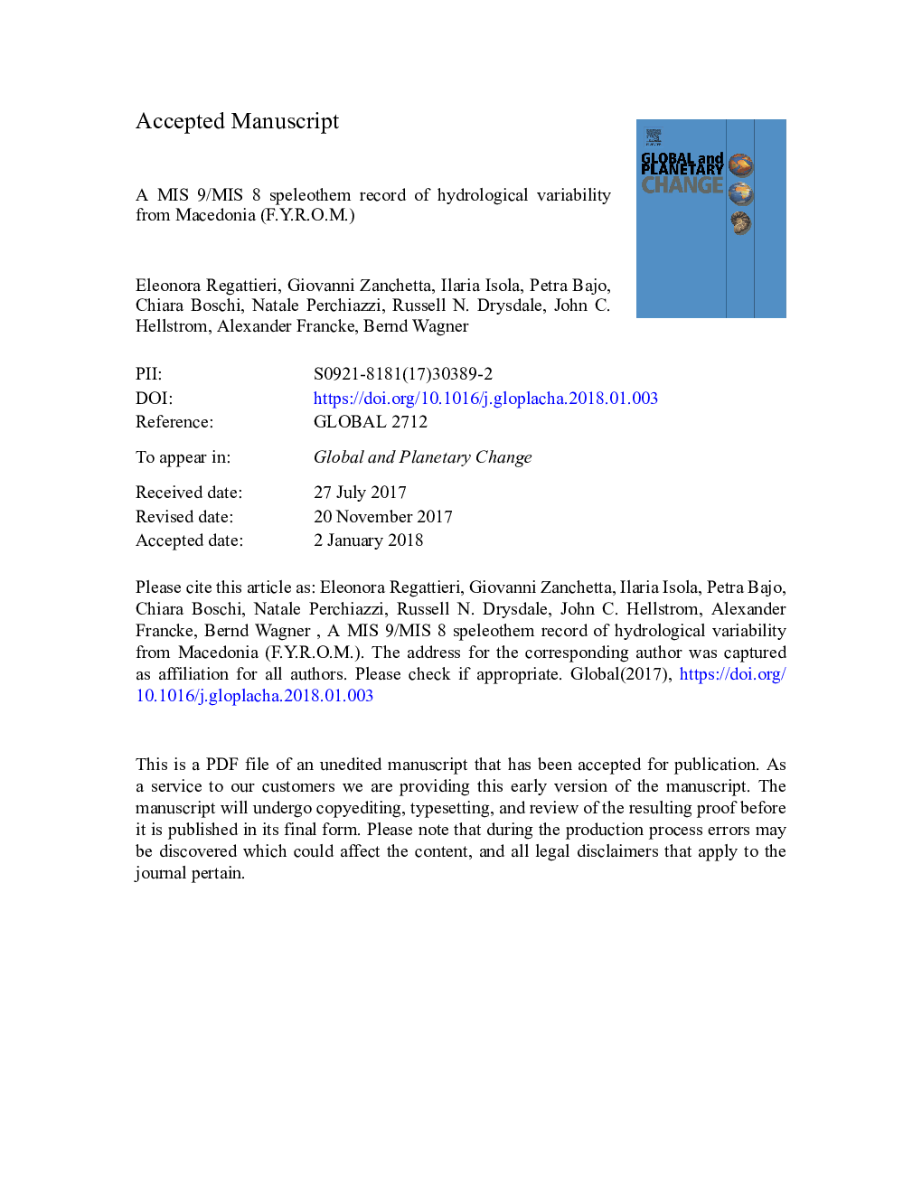 A MIS 9/MIS 8 speleothem record of hydrological variability from Macedonia (F.Y.R.O.M.)