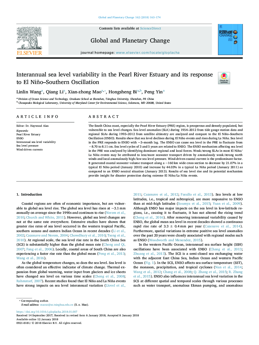 Interannual sea level variability in the Pearl River Estuary and its response to El Niño-Southern Oscillation