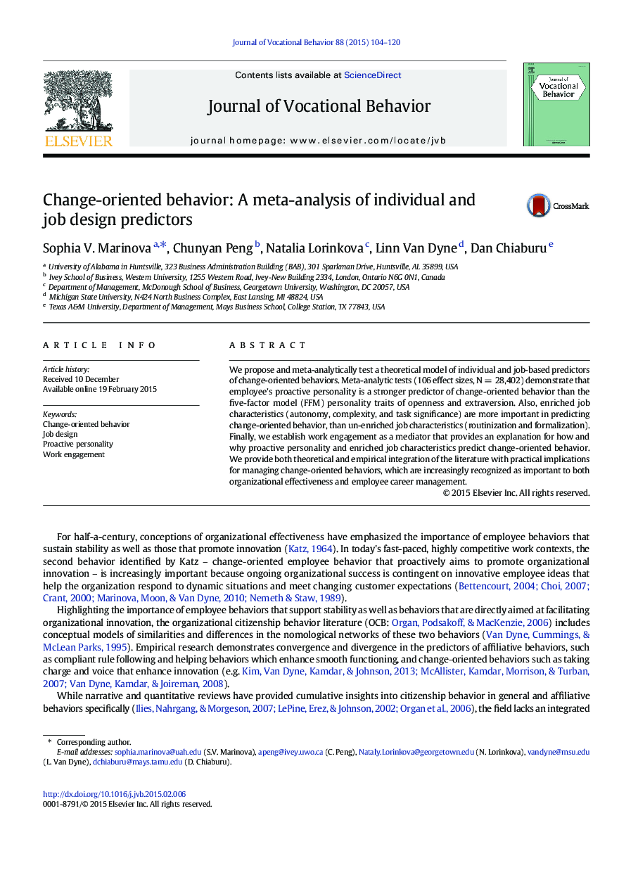 Change-oriented behavior: A meta-analysis of individual and job design predictors