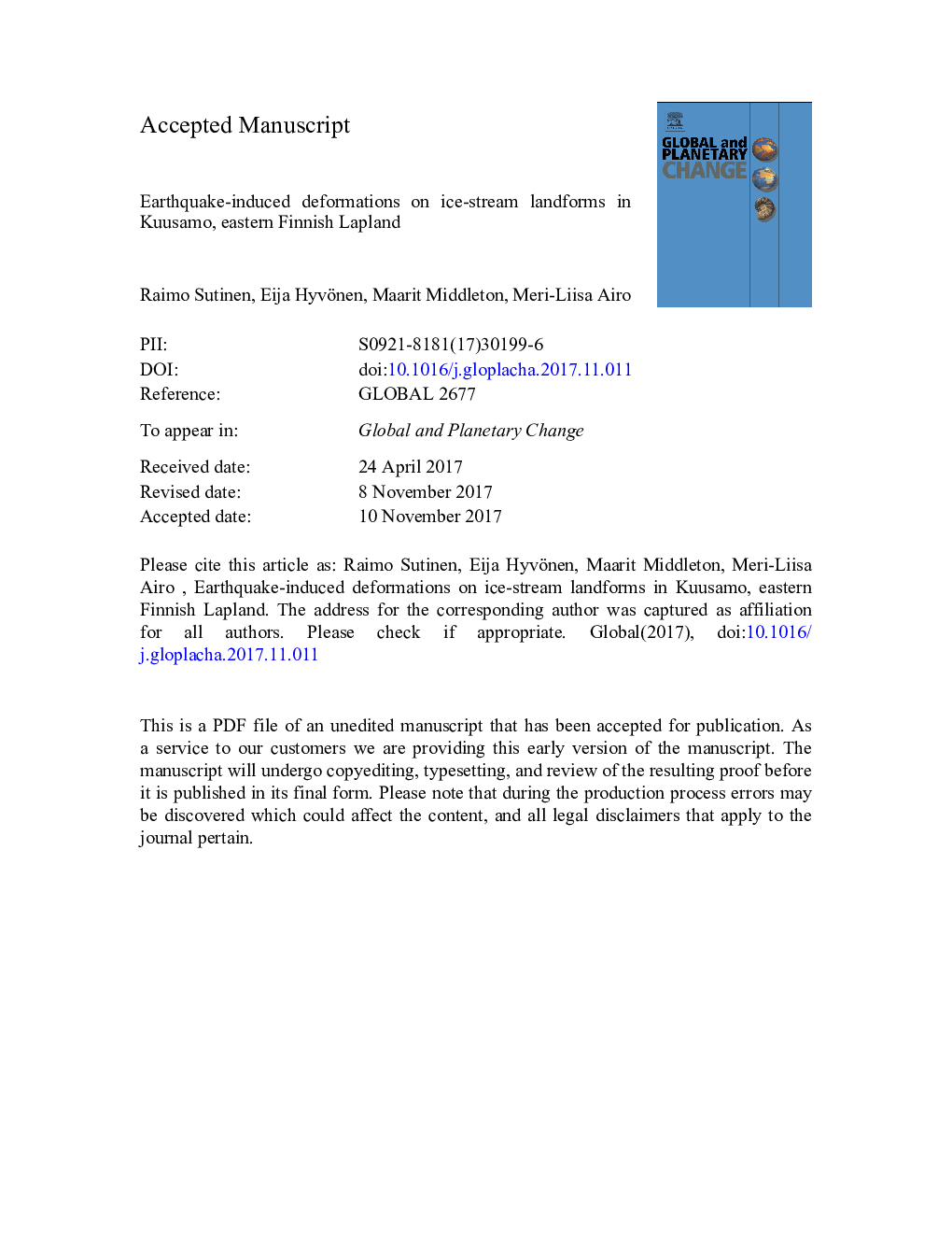 عکس صفحه اول مقاله: Earthquake-induced deformations on ice-stream landforms in Kuusamo, eastern Finnish Lapland Earthquake-induced deformations on ice-stream landforms in Kuusamo, eastern Finnish Lapland