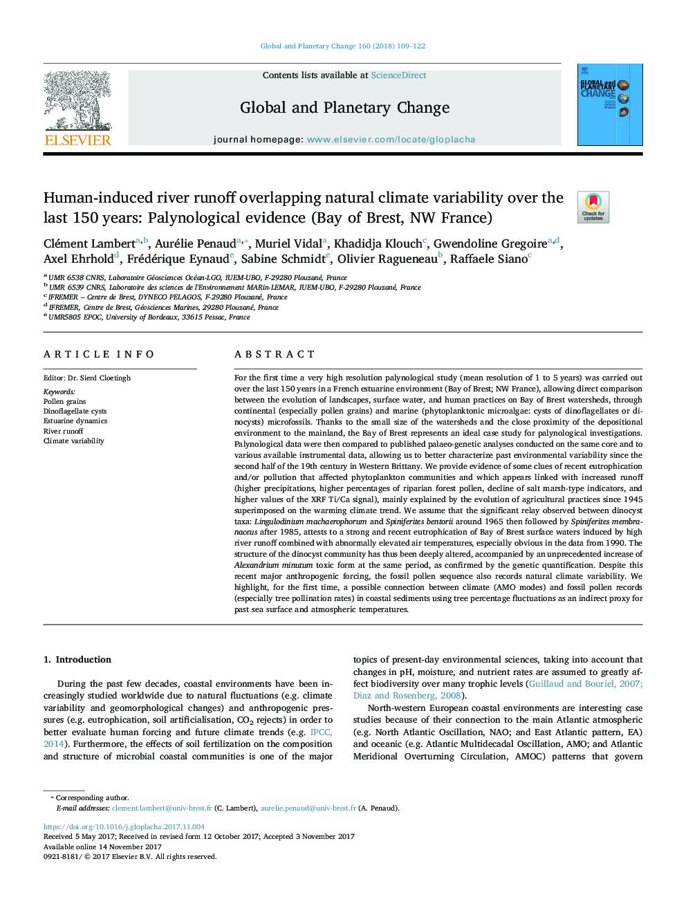 عکس صفحه اول مقاله: Human-induced river runoff overlapping natural climate variability over the last 150Â years: Palynological evidence (Bay of Brest, NW France) Human-induced river runoff overlapping natural climate variability over the last 150Â years: Palynological evidence (Bay of Brest, NW France)