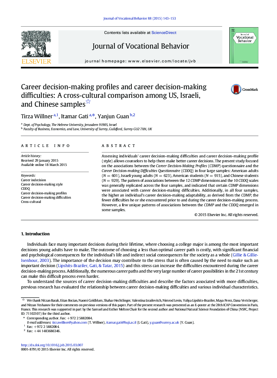 Career decision-making profiles and career decision-making difficulties: A cross-cultural comparison among US, Israeli, and Chinese samples 