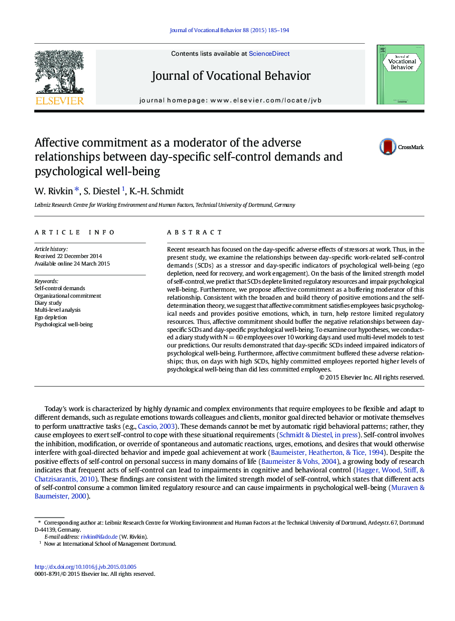 Affective commitment as a moderator of the adverse relationships between day-specific self-control demands and psychological well-being