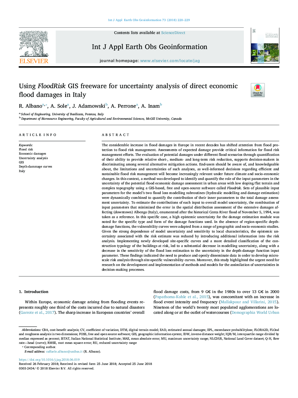 Using FloodRisk GIS freeware for uncertainty analysis of direct economic flood damages in Italy