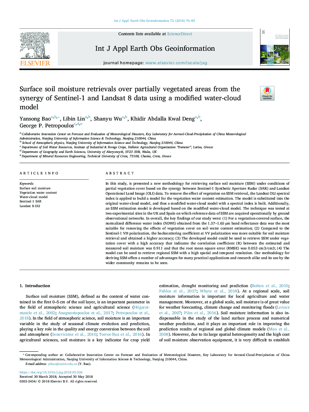 Surface soil moisture retrievals over partially vegetated areas from the synergy of Sentinel-1 and Landsat 8 data using a modified water-cloud model