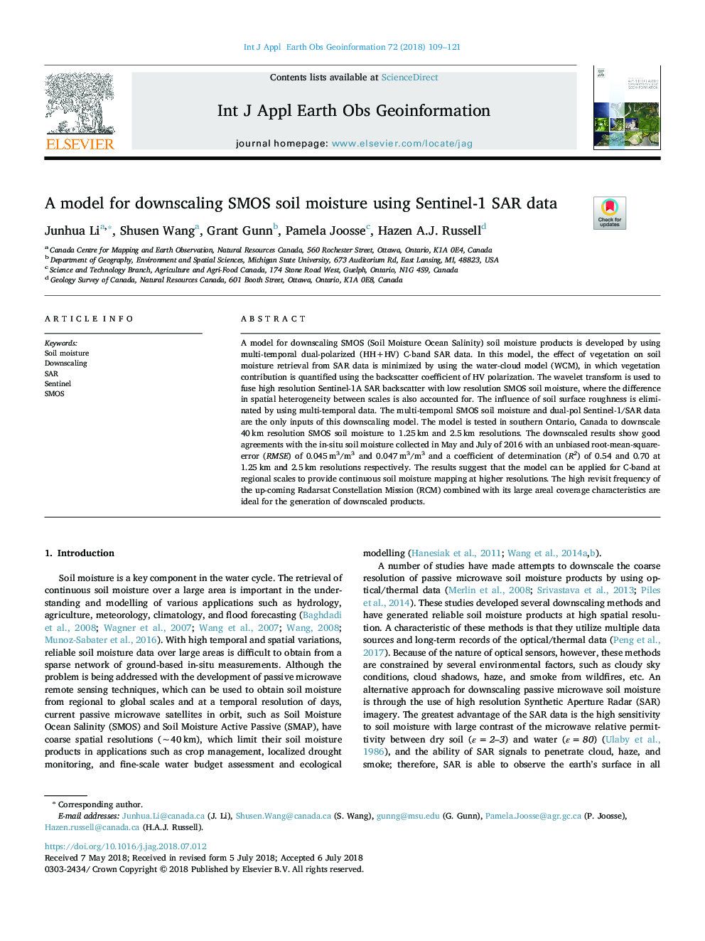 A model for downscaling SMOS soil moisture using Sentinel-1 SAR data