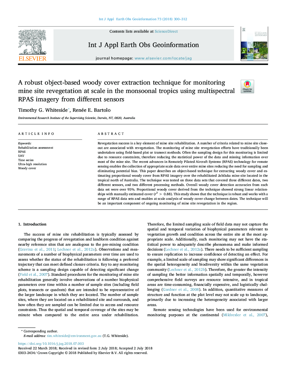 عکس صفحه اول مقاله: A robust object-based woody cover extraction technique for monitoring mine site revegetation at scale in the monsoonal tropics using multispectral RPAS imagery from different sensors A robust object-based woody cover extraction technique for monitoring mine site revegetation at scale in the monsoonal tropics using multispectral RPAS imagery from different sensors