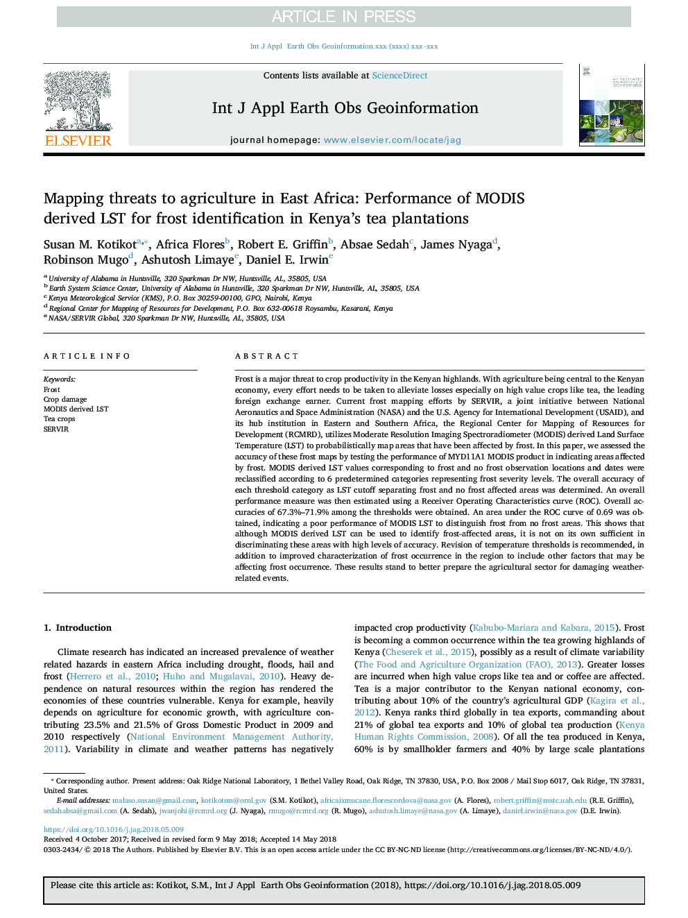 Mapping threats to agriculture in East Africa: Performance of MODIS derived LST for frost identification in Kenya's tea plantations