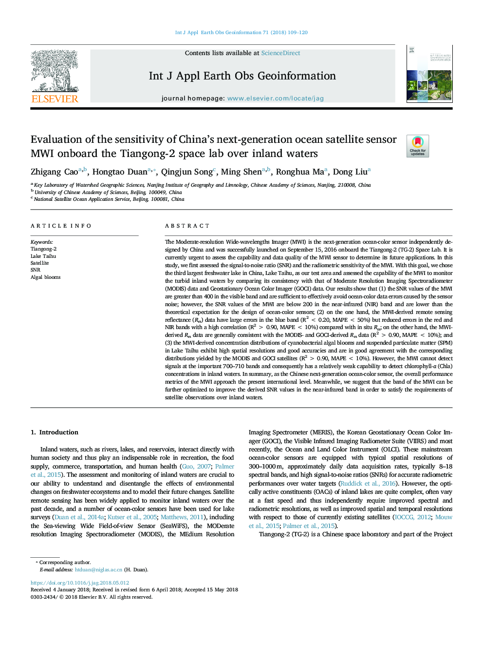 Evaluation of the sensitivity of China's next-generation ocean satellite sensor MWI onboard the Tiangong-2 space lab over inland waters