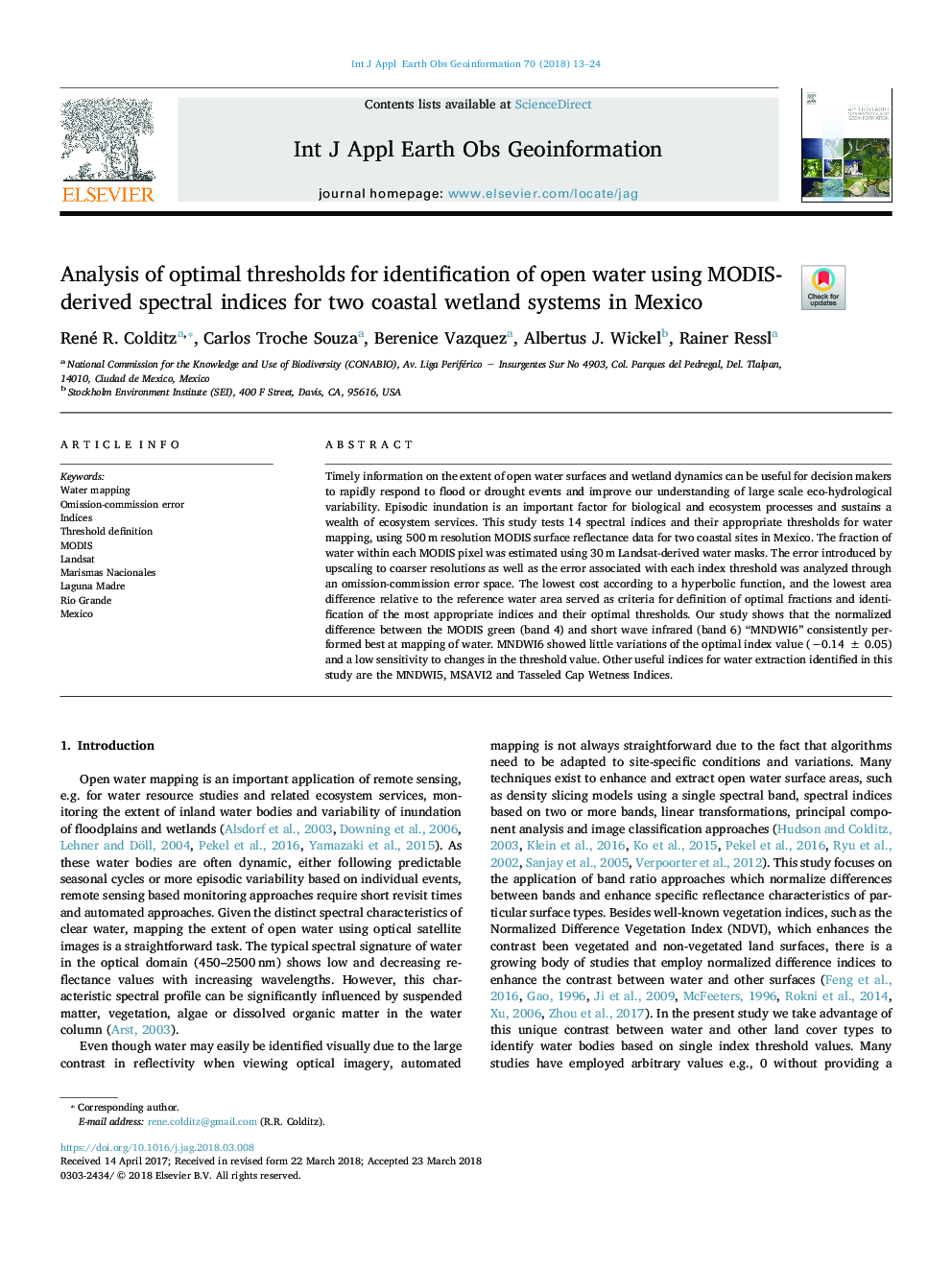 Analysis of optimal thresholds for identification of open water using MODIS-derived spectral indices for two coastal wetland systems in Mexico