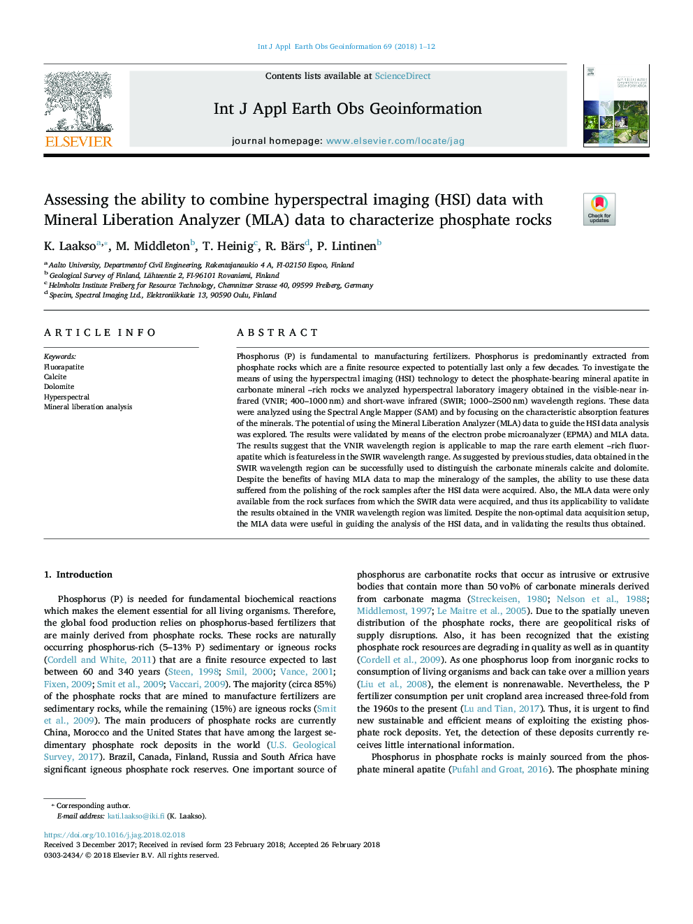 Assessing the ability to combine hyperspectral imaging (HSI) data with Mineral Liberation Analyzer (MLA) data to characterize phosphate rocks